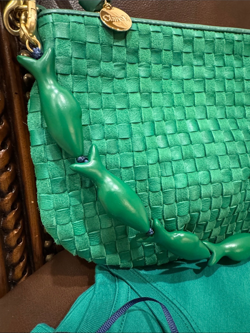 Clare V Grass Woven Leather Petit Moyen Green, Sardine Strap and Oui Tshirt NWT